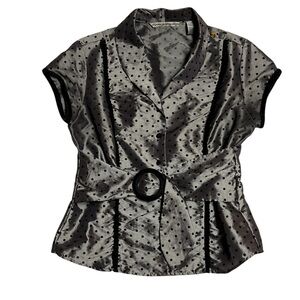 Larry Levine Silver Polka Dot Belted Blouse Velvet Trim Chic Retro Glam Sz Small